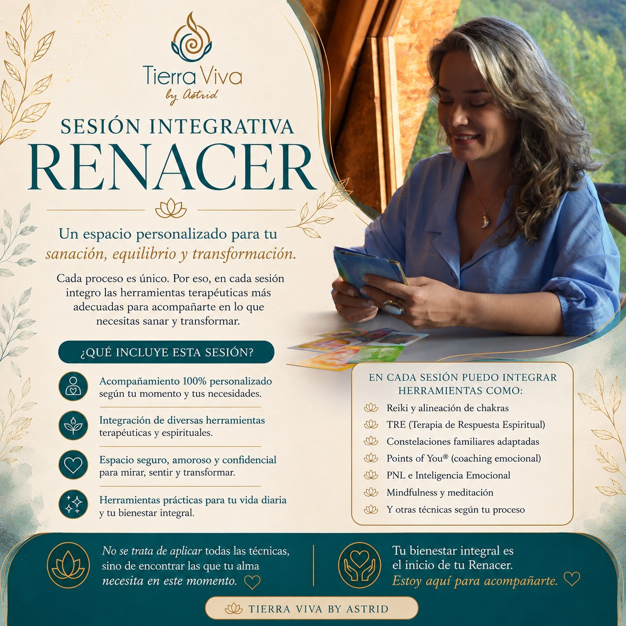 Sesión Integrativa Renacer - flyer con detalles de la sesión terapéutica personalizada